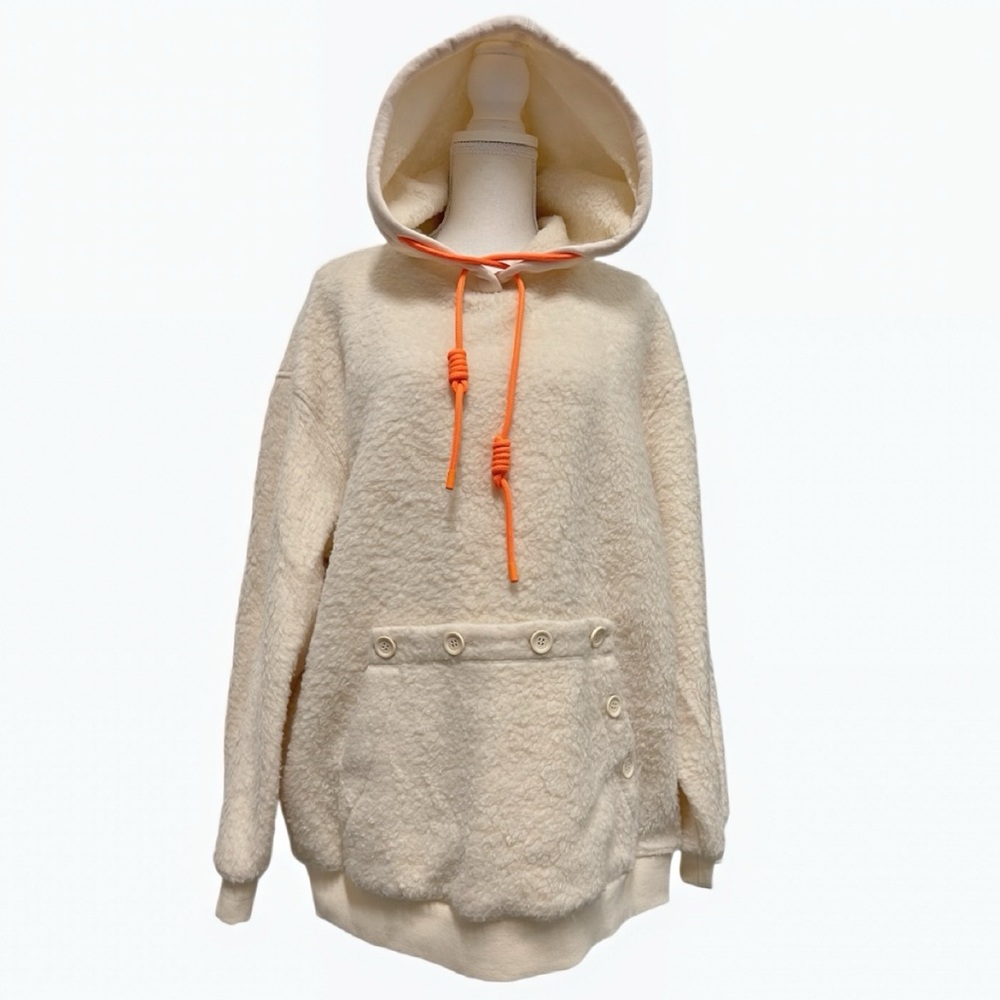 Designer SJYP Plush Cream Fleece Hoodie with Embroidery Neon Sherpa SZ L